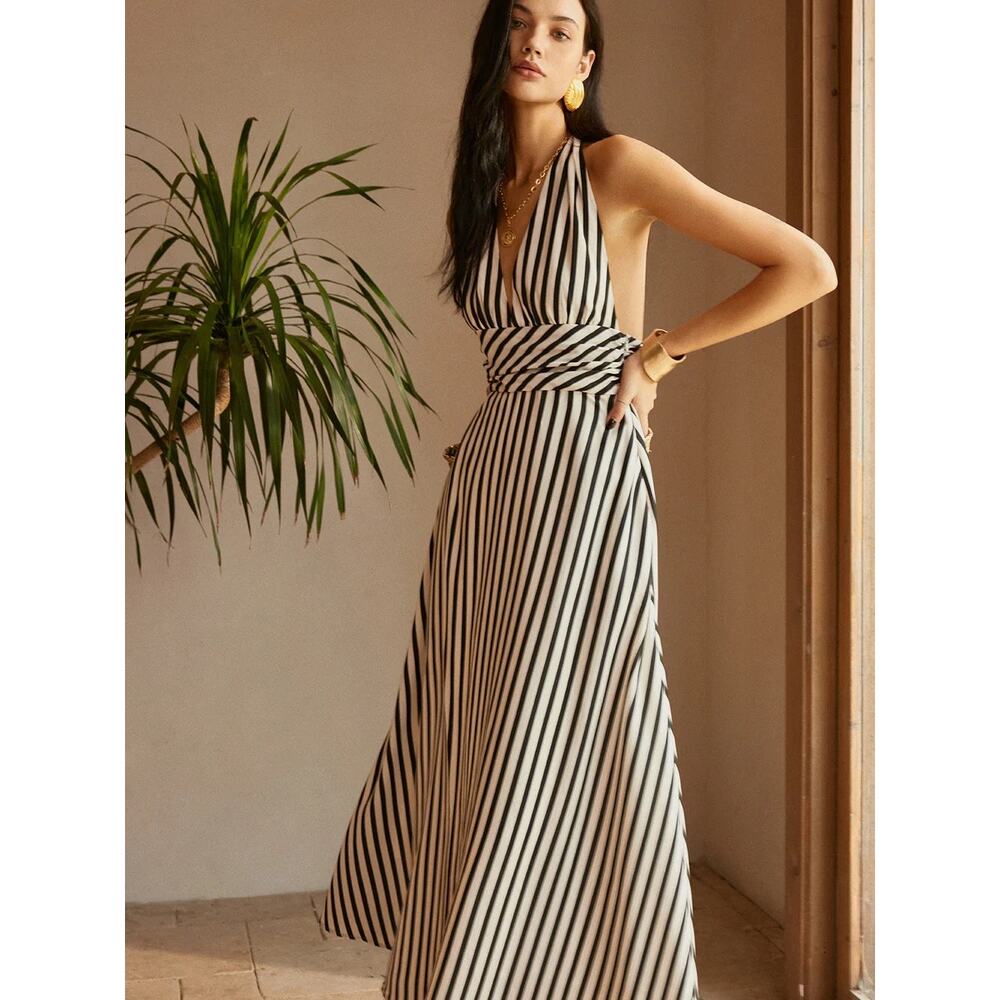 NWT Commense Striped Halter Neck Plunging Maxi DressSize S